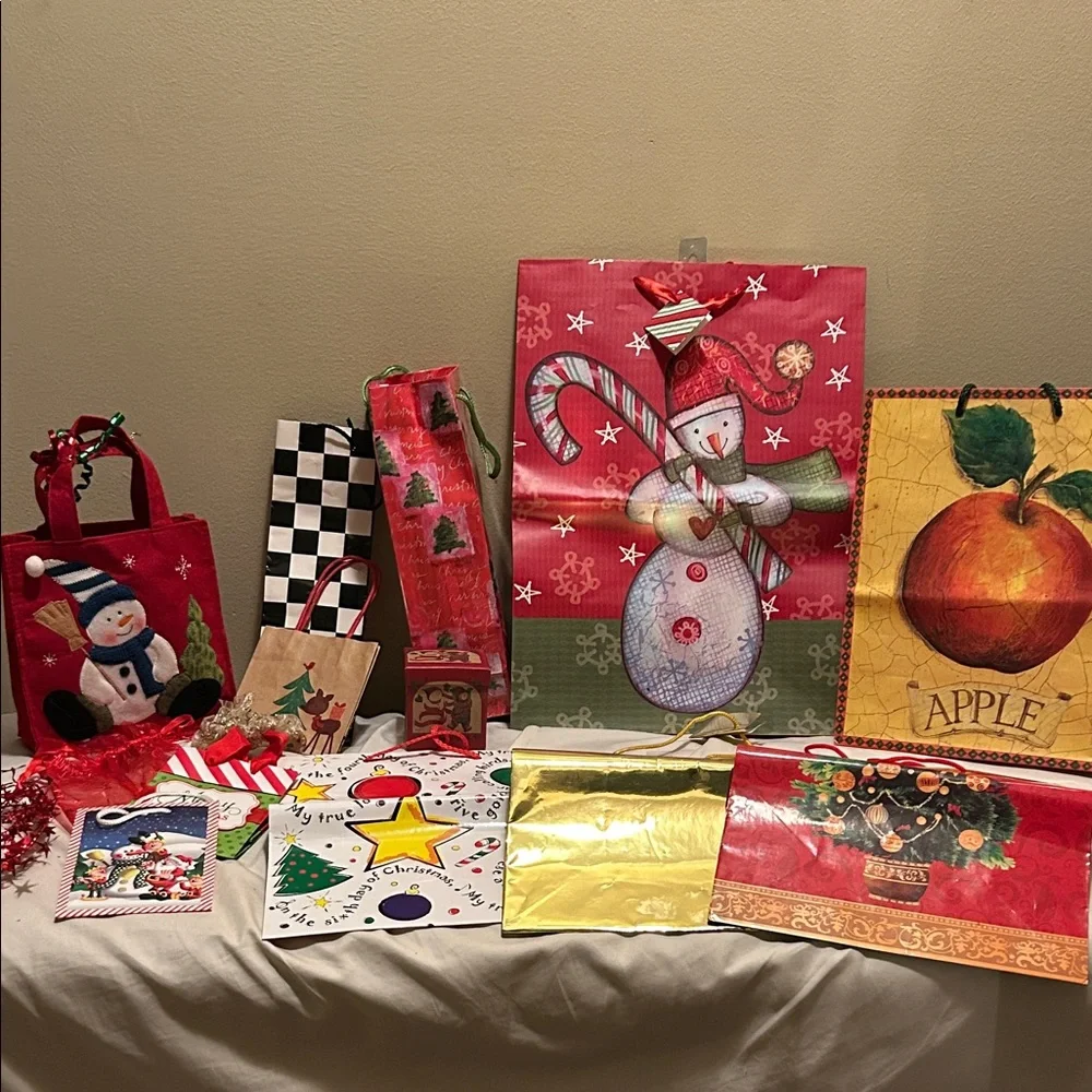 Festive Holiday Gift Bags Set with Bows and Ribbons